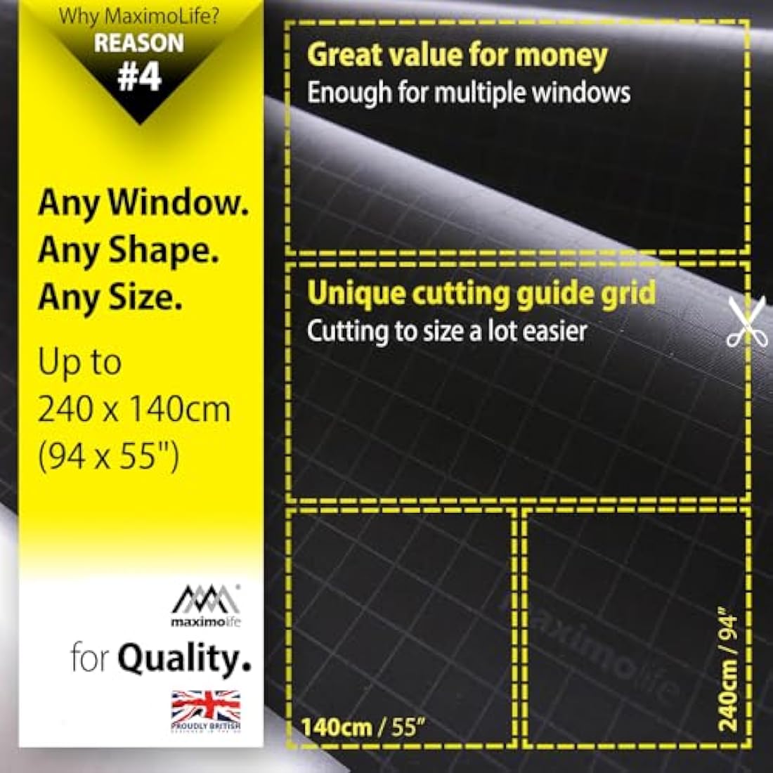 MaximoLife® Ultimate 100% Blackout Blind | Fits Any Size/Shape Window | Unique Cutting Guide Easier Cut-to-Size | Super Strong Suction Cups | Heat & Cold Resistant Hook & Loop | No Drill Stick On