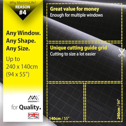 MaximoLife® Ultimate 100% Blackout Blind | Fits Any Size/Shape Window | Unique Cutting Guide Easier Cut-to-Size | Super Strong Suction Cups | Heat & Cold Resistant Hook & Loop | No Drill Stick On