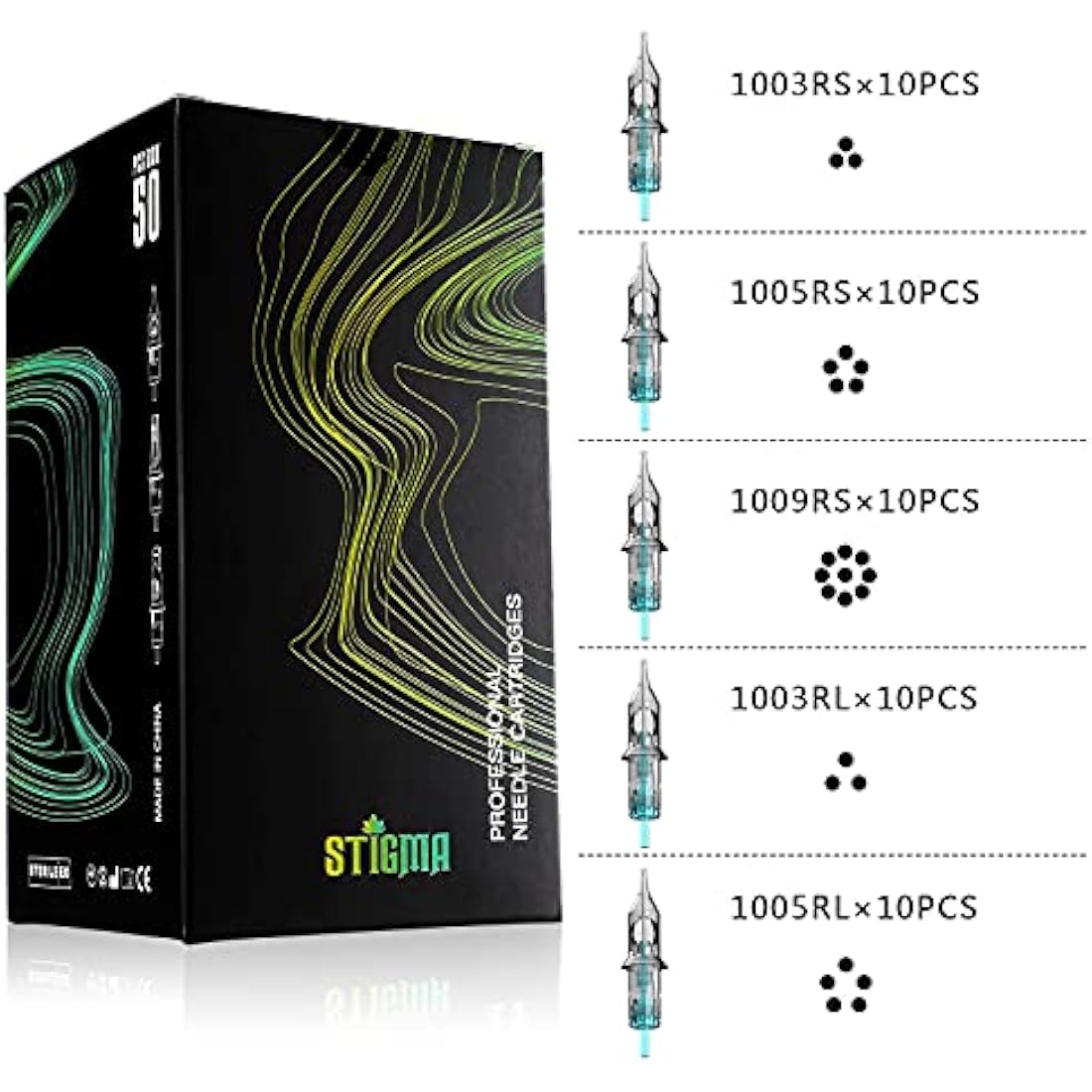 STIGMA 50Pcs Tattoo Cartridges Needles Disposable Mixed #10 Bugpin Round Liner Round Shader 3RL 5RL 3RS 5RS 9RS EN02B-50KIT-Y