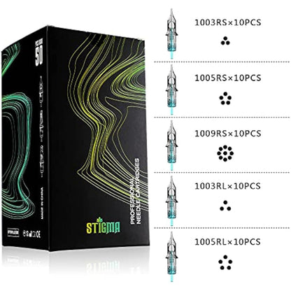 STIGMA 50Pcs Tattoo Cartridges Needles Disposable Mixed #10 Bugpin Round Liner Round Shader 3RL 5RL 3RS 5RS 9RS EN02B-50KIT-Y
