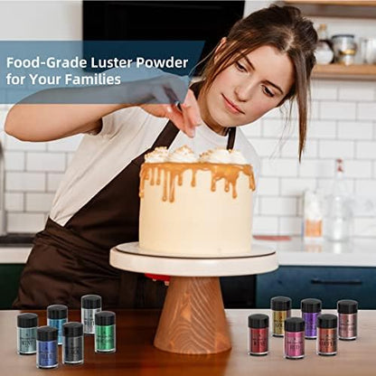 Luster Dust Edible Set - 12 Colours Food Grade Edible Shimmer Dust Powder for Cake Decorating, Baking, Drinks, Fondant, Icing - Edible Glitter Metallic Dusting Powder for Candy, Cookie,Paint - 5g Each