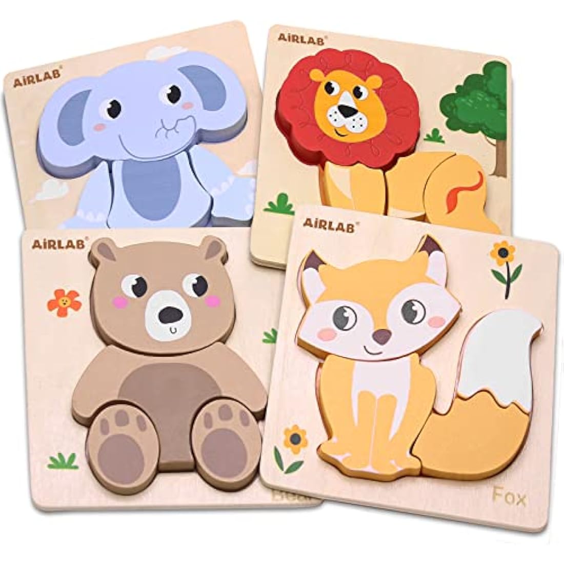 Airlab Wooden Chunky Jigsaw Puzzles for Toddler 1+ Year Olds, Baby Montessori Sensory Toys, 1st Birthday Gifts for Girls Boys, Preschool Educational Learning Toys for Kid Ages 1 2 3