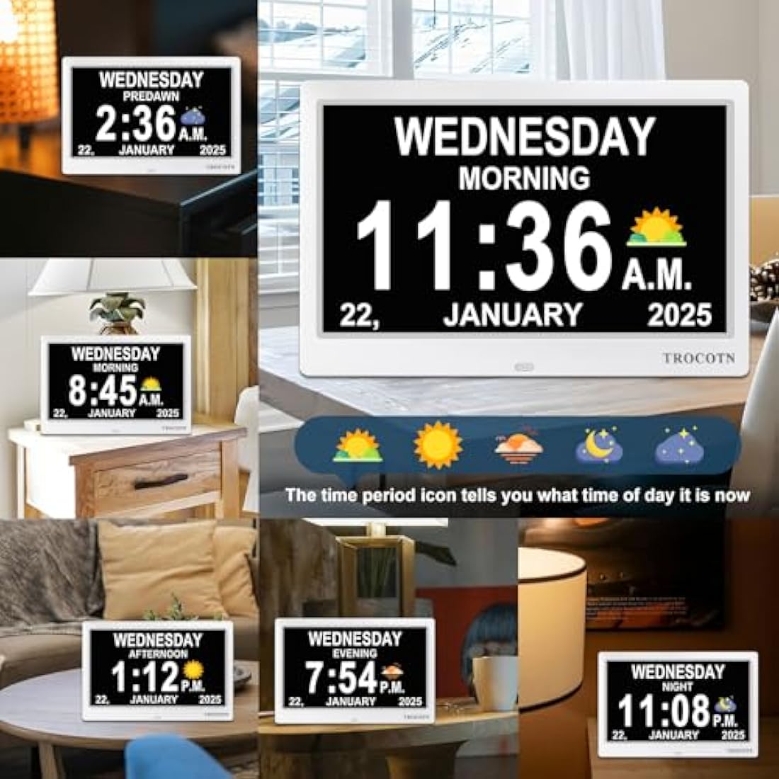 TROCOTN dementia clock, digital clock with date and day for elderly, day date large display calendar (10 Inches White)