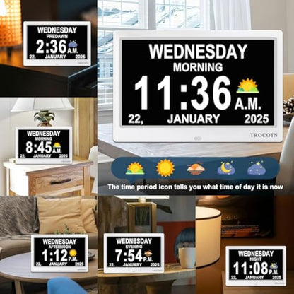 TROCOTN dementia clock, digital clock with date and day for elderly, day date large display calendar (10 Inches White)