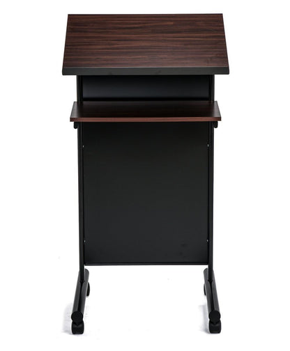 Audio-Visual Direct Wheeled Lectern Podium - Standing Desk with Storage Shelf - Cherry/Black - Ideal for Presentations and Laptop Use