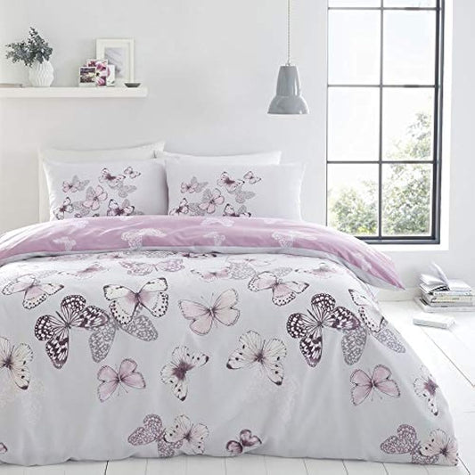 Catherine Lansfield Bedding Scatter Butterfly Double Duvet Cover Set with Pillowcases Heather