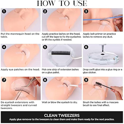 BEYELIAN Eyelash Extension Kit, with Mannequin Head Lash Practice Exercise Set, Professional Flat Mannequin Head False Eyelash Grafting Training Tool Kit for Eye Lashes Graft