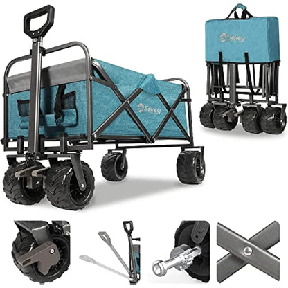 Sekey Folding Festival Trolley with Wide All-Terrain Wheels, 440LB Large Load Capacity, Heavy-Duty Camping Wagon with Brake, Sturdy Beach Garden Cart, Adjustable Handles & Drink Holders, Light Blue