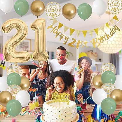 Jobkoo 21st Birthday Decorations Him Her, Happy 21st Birthday Banner w/ Birthday Cake Topper Number 21 Foil Balloon Sage Green White Gold Birthday Balloons Men Women 21 Year Old Party Decoration
