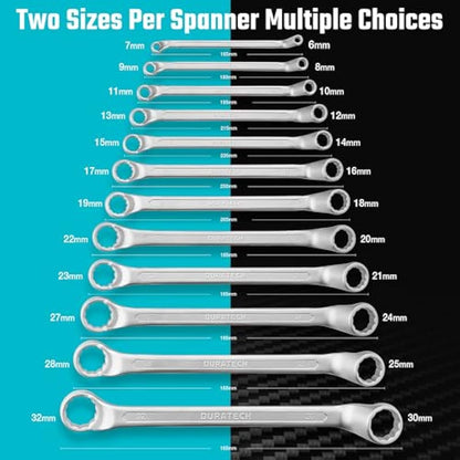 DURATECH Offset Double Ring Spanner Set, 12-Piece Metric Box End Wrench Set with Carry Pouch, Chrome Vanadium Steel, Matte Chrome-Plated, DIN 838, 75-Degree Offset, 6-32mm, 12-Point