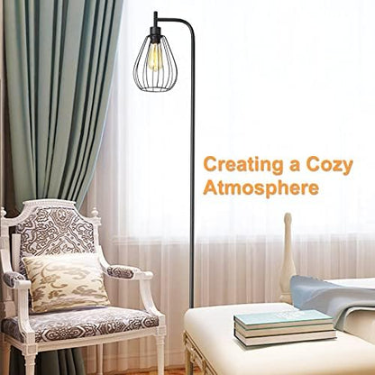 ArcoMead Industrial Floor Lamp, Black Standing Lamp Tall Pole Light with Teardrop Cage Head, Whole Metal Rustic Floor Lamp with Foot Switch for Bedroom, Living Room Farmhouse Office