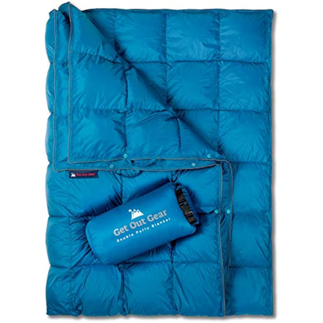 Get Out Gear Double Puffy Camping Blanket - Extra Puffy, Packable, Lightweight and Warm | Ideal for Outdoors, Travel, Stadium, Festivals, Beach, Hammock | Water-Resistant Camp Quilt (Teal Blue/Gray)