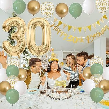 30th Birthday Decorations for Women Men, Happy Banner With Cake Topper Number 30 Foil Balloon, Sage Green White Gold Balloons for 30 Year Old Party Decoration
