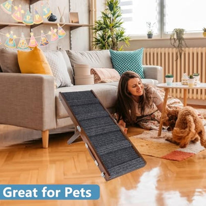 Umtiti Brown Wooden Framed Folding Portable Pet Ramp. 4 Levels Adjustable 9" to 17.3" with Non-Slip 5 Paw Traction Mat for Small Medium Doggie. Dog Ramps-80penBN,UK