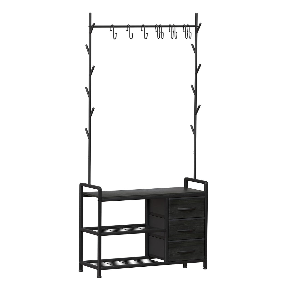 Free Standing Coat Rack Rustic Hall Tree 33"x12"x69.3" Black Wood Veins