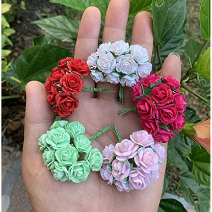 WADSUWAN SHOP 100 Pcs Artificial Mulberry Paper Rose Flower Wedding Scrapbook 1.8cm DIY Craft Scrapbook Scrapbooking Bouquet Craft Stem Mini Roses (10 Colors)