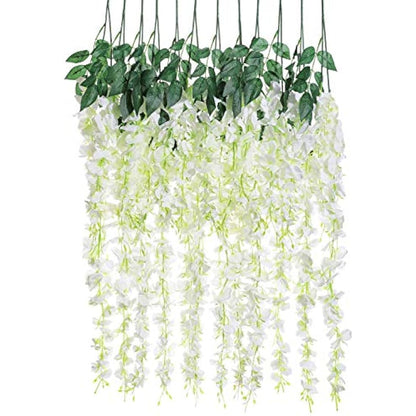 Veryhome 12PCS Artificial Wisteria Hanging Garland Fake Wisteria Vine Hanging Flower Bush String Artificial Flowers for Wedding Decorations,3.6 Feet (White)