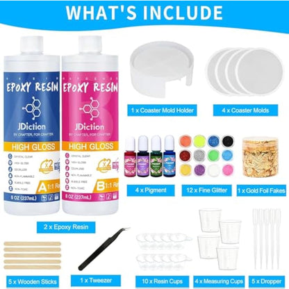 JDiction Epoxy Resin Coaster Kit - 16oz/ 474ml Crystal Clear Epoxy Resin Kit with Coaster Molds and Holder, Resin Pigment, Resin Glitter, Gold Flakes, Epoxy Resin Starter Kit for Jewelry DIY Coasters