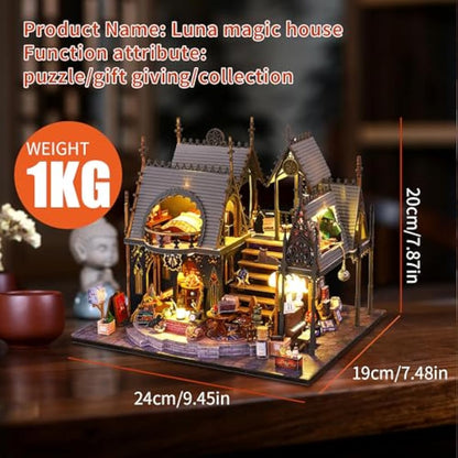 CRIOLPO DIY Doll Miniature House Kit, Book Nook Kit Doll house Miniature with Furniture DIY Wooden Crafts Mini Handmade Kit 3D Wooden Puzzle with Sensor Led Light (Luna's Magic House)