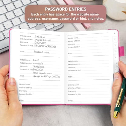 GoGirl Password Book with Alphabetical tabs – Internet Address & Password Keeper Logbook for Password Organization, Journal Notebook for Saving Website Logins. Small Size 11 x 14.5cm - Hot Pink