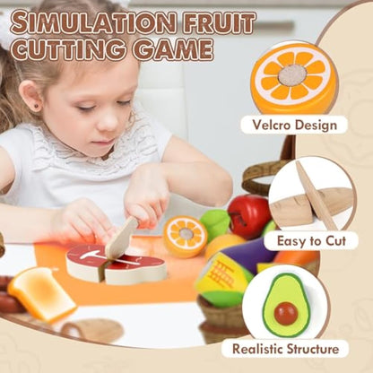 Lehoo Castle Wooden Play Food, Toy Food for 3 Year Old Girl Gifts, Food Groups with 4 Fabric Baskets, Toy Food Set for Kids Kitchen, Play Kitchen Accessories for Boy or Girl 3+
