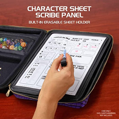 ENHANCE Collector's Edition RPG Organizer Case - DnD Binder with Built-in Character Sheet Holder and Erasable Scribe Panel, Dice Rolling Area, Removable Pen Pouch, Miniature Foam Tray (Dragon Purple)