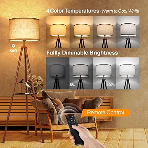 OUTON Solid Wooden Tripod Floor Lamp, Bulb Included, Standing Lamp with Remote Control, Dimmable & 4 Color Temperatures, 1H Timer, Floor Lamp with Storage Shelf Linen Shade for Living Room Bedroom