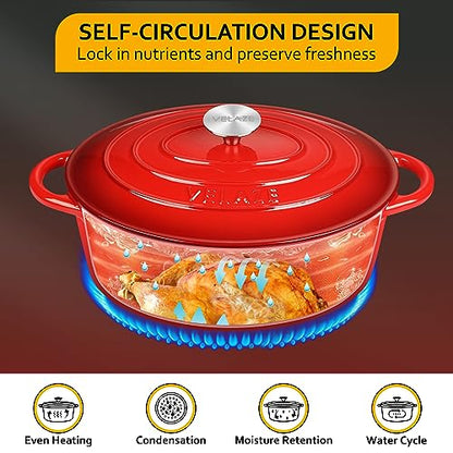 Velaze 5L Oval Dutch Oven, Non Stick Cooking Pan Pot Dutch Oven, Enamel Coating, Good Sealing, for All Heat Source, Classic 30cm(Red) 5l oval dutch