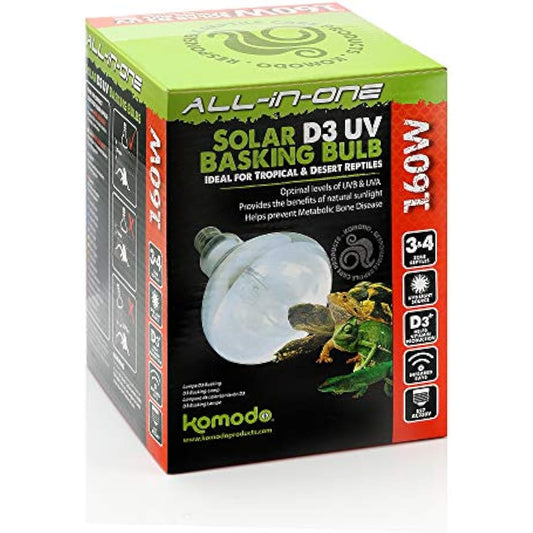 Komodo Solar D3 UV Basking Bulb Heat and Light Bulb for Desert & Tropical Reptile Habitats, Terrarium & Vivarium Lighting 160W