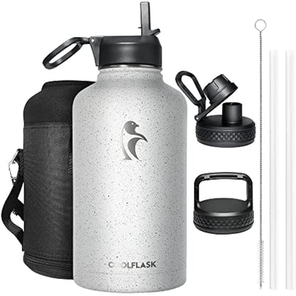 Coolflask Insulated Water Bottle 2L, Half Gallon Water Jug with Straw & 3 Lids, Large Insulated Water Bottle, Stainless Steel Vacuum Water Bottle for Gym, Sports and Travel, Starry White