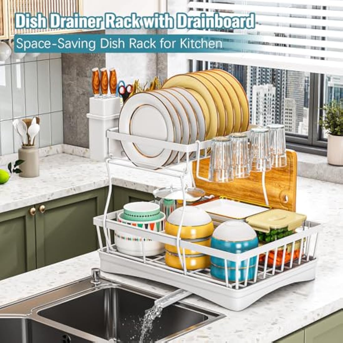 StowBin 2 Tier Dish Drainer Rack for Kitchen Counter - Space-Saving Dish Rack with Utensil Holder, Large Capacity Dish Drying Rack with Draining Board, White