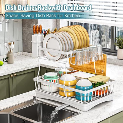 StowBin 2 Tier Dish Drainer Rack for Kitchen Counter - Space-Saving Dish Rack with Utensil Holder, Large Capacity Dish Drying Rack with Draining Board, White