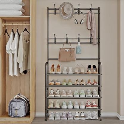 Dazioter Coat Rack Shoe Rack With Storage Shelf Freestanding with 8 Hooks for Entryway Bedroom (Brown, 4Tier)