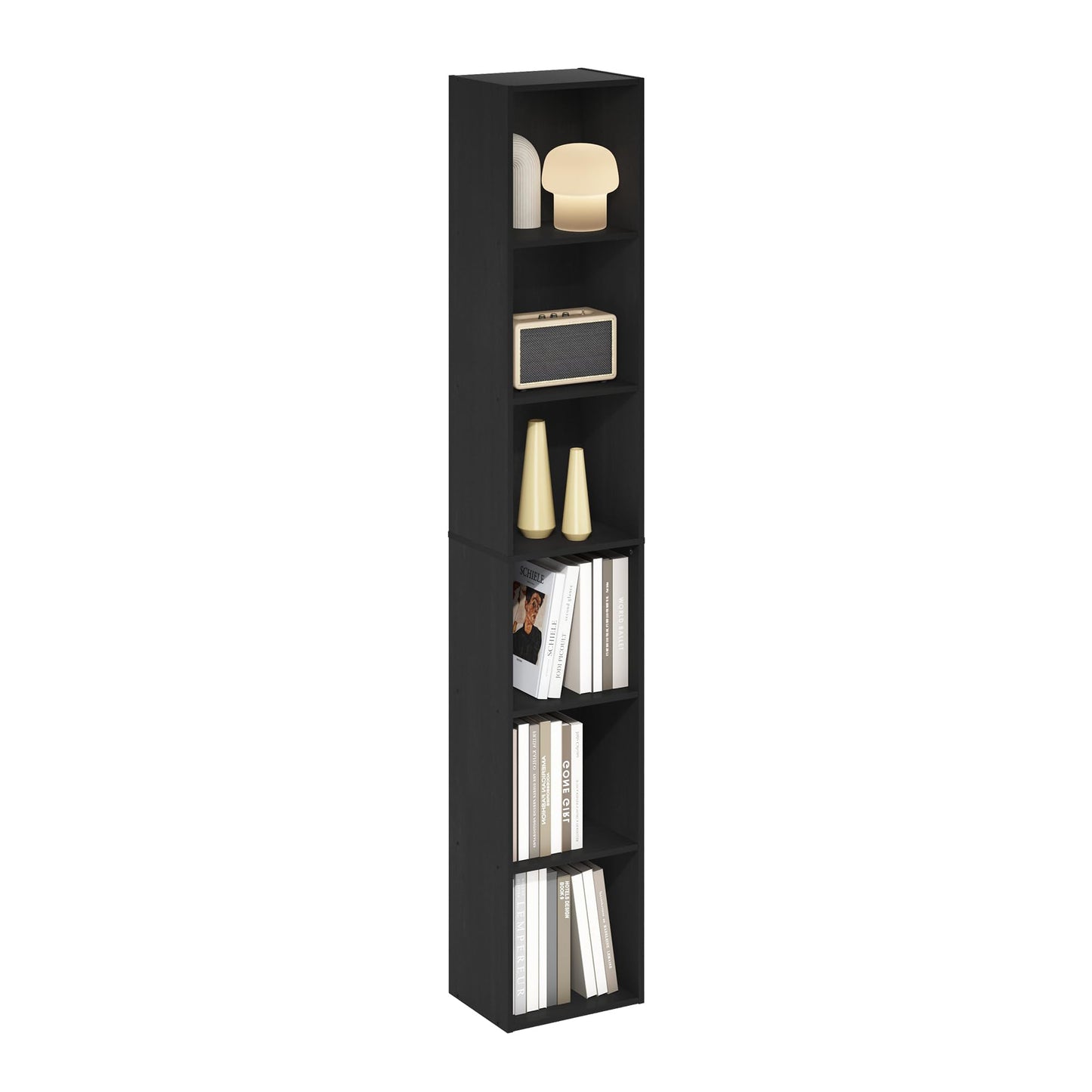 Furinno LUDER Book Shelf, 6-Tier Tall Modern Bookshelf, Bookcase with Open Shelves, 9.3 x 12 x 71, for Living Room, Bedroom, Home Office, Blackwood