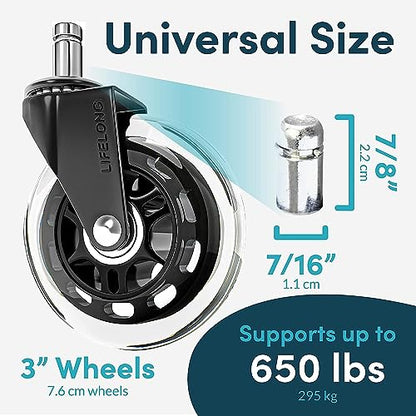 Office Chair Wheels Replacement Rubber Chair casters for ALL Floors Including Hardwood Floors, Office Chair Castors for Home and Office Chairs to Replace Office Chair mats, 11x22mm, Clear (NOT 1KEA)