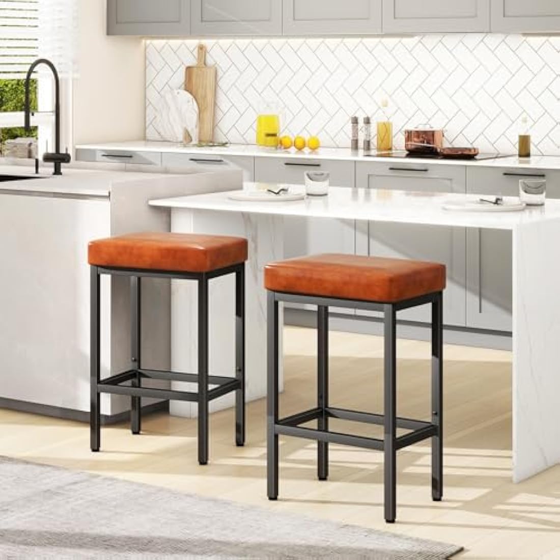 YMYNY Bar Stools, 66 cm Bar Stools Set of 2, Caramel Brown Breakfast Bar Stools, PU Leather Barstools, Bar Stool Chair with 6 cm Thick Cushion and Metal Base for Kitchen Island Counter, Pub, HBS513J
