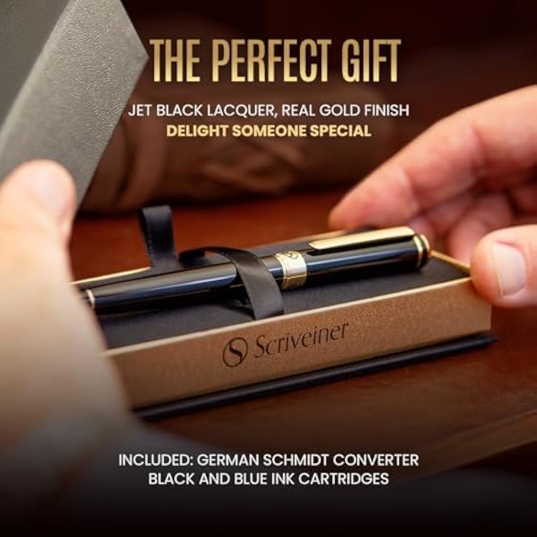 Scriveiner Black Lacquer Fountain Pen - Stunning Luxury Pen, Real Gold Plating, Schmidt Gilded Nib (Medium), Best Pen Gift Set for Men & Women, Professional, Executive, Office, Nice Pens