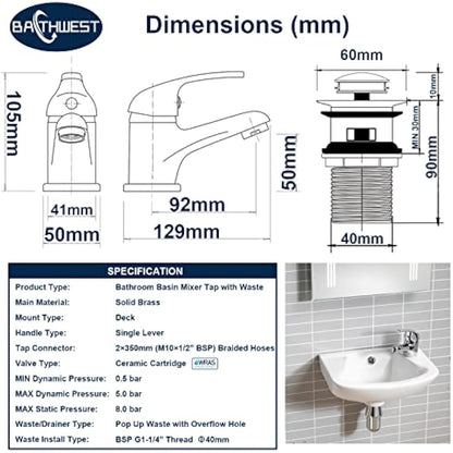 Basin Mixer Tap with Pop Up Waste, BATHWEST Classic Brass Chrome Monobloc Bathroom Sink Taps with Sink Plug, Single Lever Morden Basin Taps with Waste 022NCR
