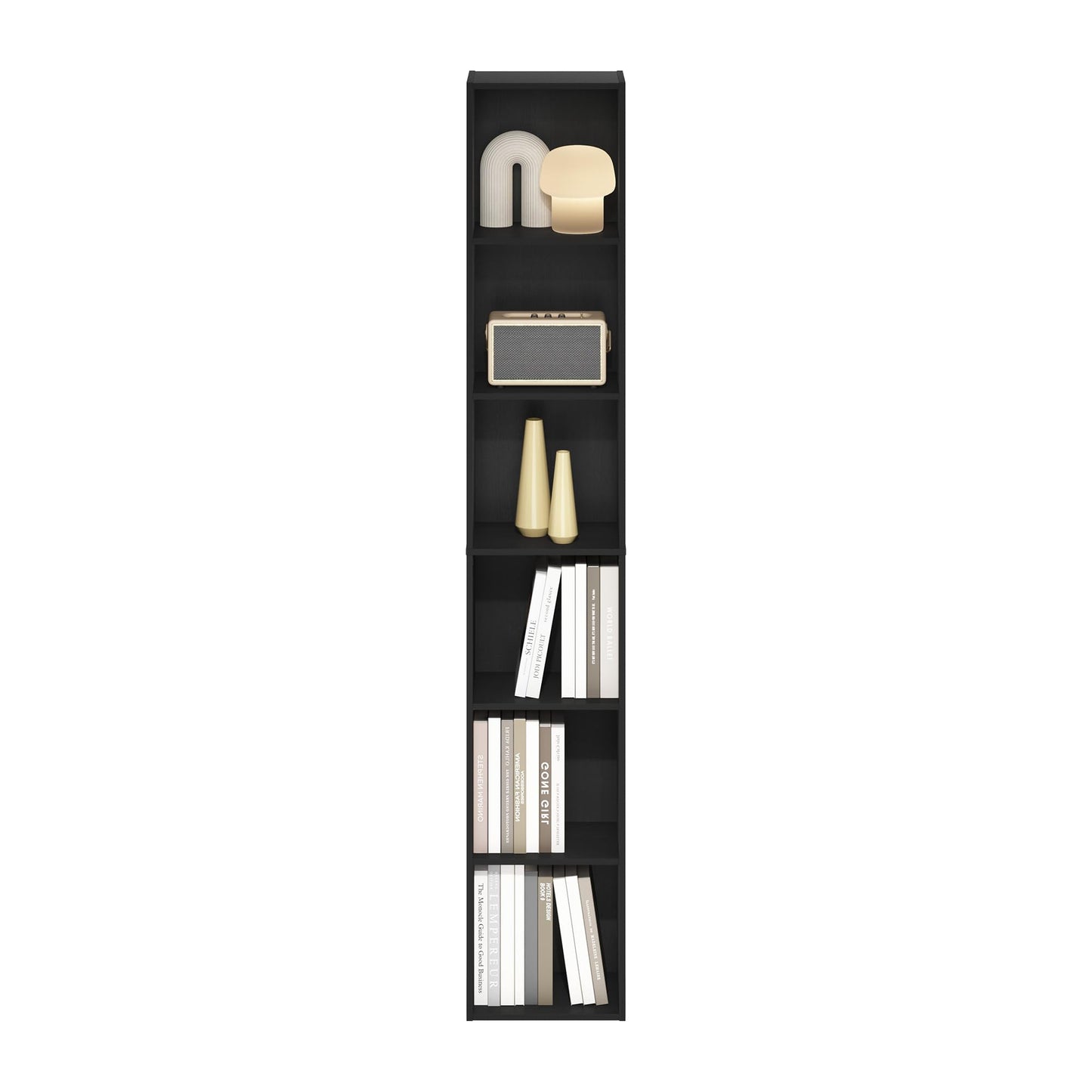 Furinno LUDER Book Shelf, 6-Tier Tall Modern Bookshelf, Bookcase with Open Shelves, 9.3 x 12 x 71, for Living Room, Bedroom, Home Office, Blackwood