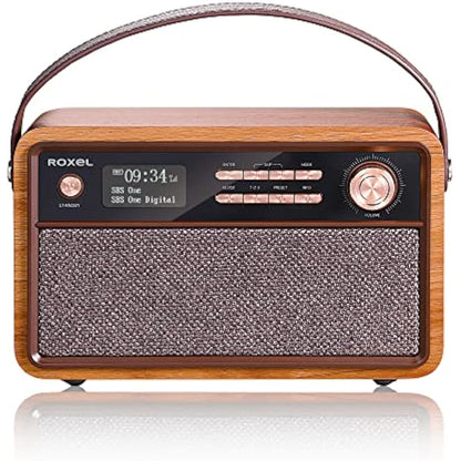 Roxel Retro D1 Vintage DAB+/FM Radio Wireless Speaker | Bedside Alarm Clock with Sleep Function. Rustic Exterior, Mains and USB Rechargeable, TF card, AUX and USB Compatible (Walnut)