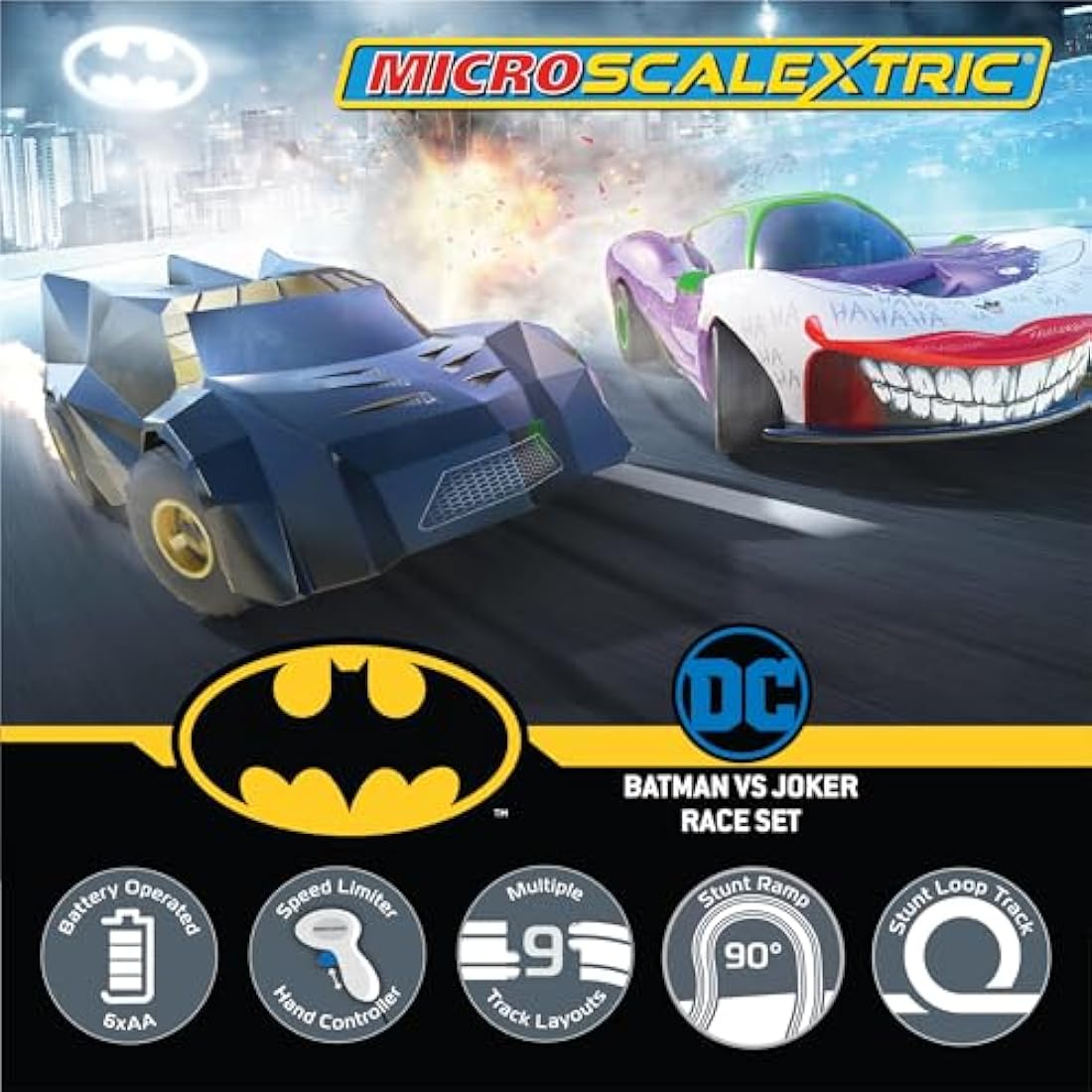 Scalextric Micro Car Race Track Sets for Kids Age 4+ - Batman vs Joker Themed Construction Set, Battery Powered Racing, Slot Cars Kids' Play Vehicles - Mini Toy Tracks for Boys