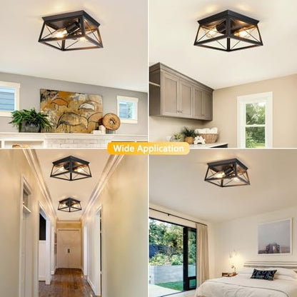 FORCOSO Black Ceiling Lights 2 Lights - Modern Industrial Ceiling Lamp E27 Flush Mount LED Metal Cage Vintage Ceiling Light Fixture for Living Room Bedroom Kitchen Hallway - NO Bulb