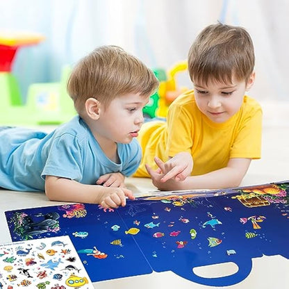 ASTARON Reusable 3D Puffy Sticker Book for Kids, 88 Pcs Cute Waterproof Ocean Animals Stickers, Puffy Sticker Game Travel Stickers and Educational Sensory Learning Toy（3-6 Age）