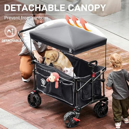 EVER ADVANCED 225L Festival Trolley on Wheels with Removable Canopy, 150KG Heavy Duty Camping Trolley, Push & Pull Beach Cart with 3 Large Pockets, Garden Folding wagon Fishing Grey