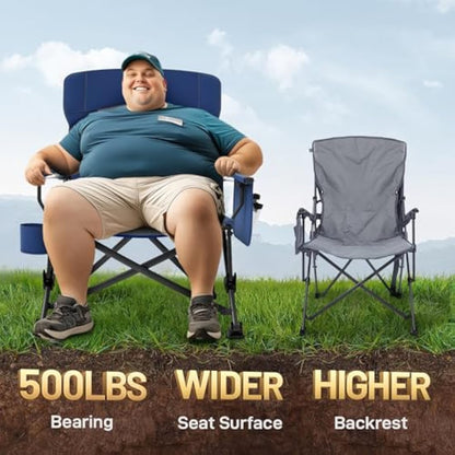 EVER ADVANCED Oversized Folding Camping Chair for Adults with Adjustable Lumbar Support, Heavy Duty Chair with Side Pockets, Portable Collapsible for Outside, Support Up to 230KG,Blue
