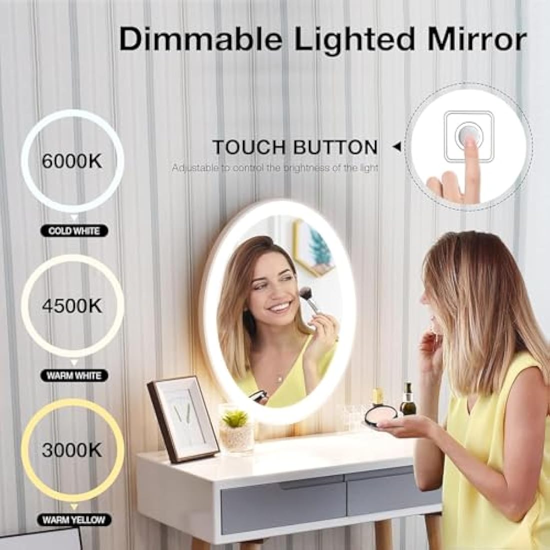 YOURLITE Dressing Table with LED Lights Mirror - White Vanity Makeup Table Set with Adjustable Brightness Mirror, Cushioned Stool and Free Make-up Organizer (White+Grey+Oval Mirror)