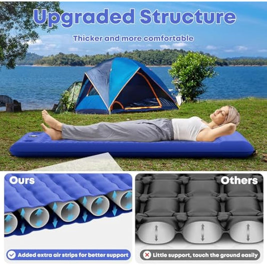 MAMBAKOTR Camping Air Bed 12-15CM Extra Thick, Reinforced Support Structure with Built-in Foot Pump and Pillow Portable Camping Sleeping Mat Air Mattress for Tent Backpacking Hiking Travel