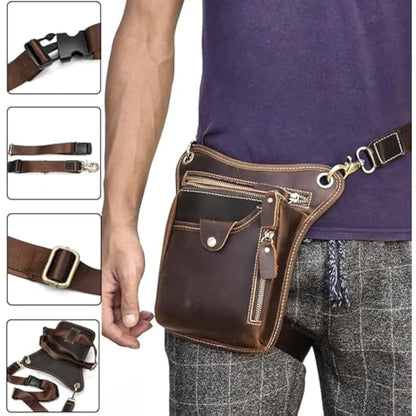 Mens Genuine Leather Messenger Shoulder Bag Motorcycle Bike Riding Cycling Multi-Purpose Thigh Waist Fanny Pack Travel Hiking Sports Camping Pouch, Dark Brown