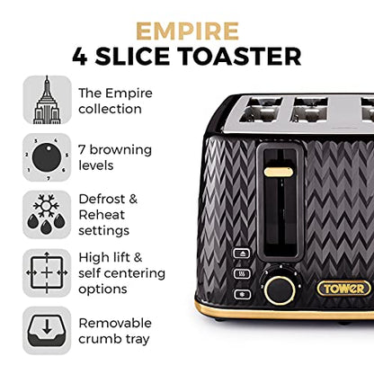 Tower T20061BLK Empire 4-Slice Toaster with Defrost/Reheat, Removable Crumb Trays, 1600W, Black and Brass