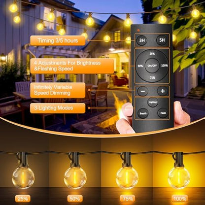 Outdoor String Lights Mains Powered - G40 Garden Festoon Lights 150FT/45M Dimmable with Remote Control, 45+2 Shatterproof LED Bulbs 3 Modes & 2 Timer Settings Waterproof for Outdoor Patio Gazebo